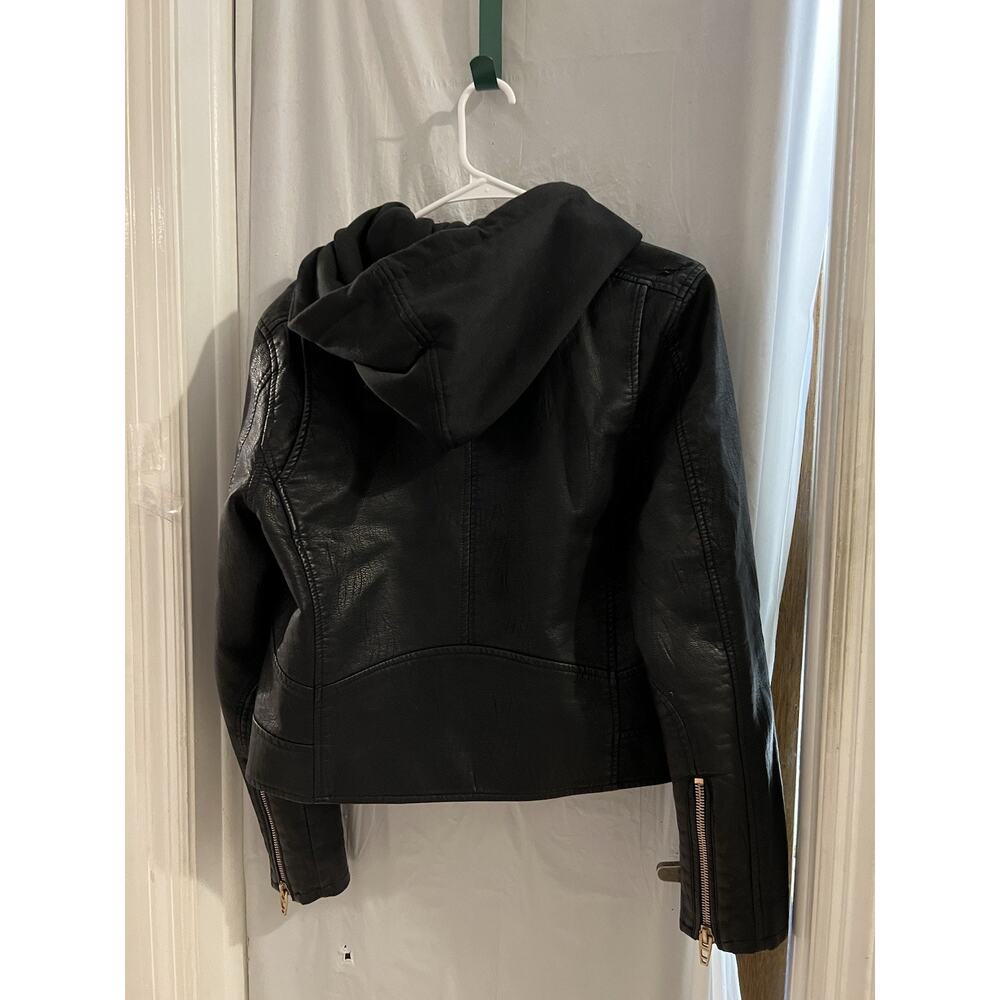 Blank NYC Black Faux Leather Life Changer Moto Jacket Removable Hood Sz L - Picture 8 of 9